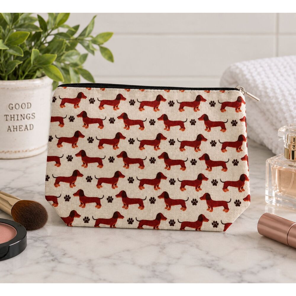 Cute Cartoon Dachshund Doxie Sausage Dog Print Toiletry Cosmetic Pouch Bag with
